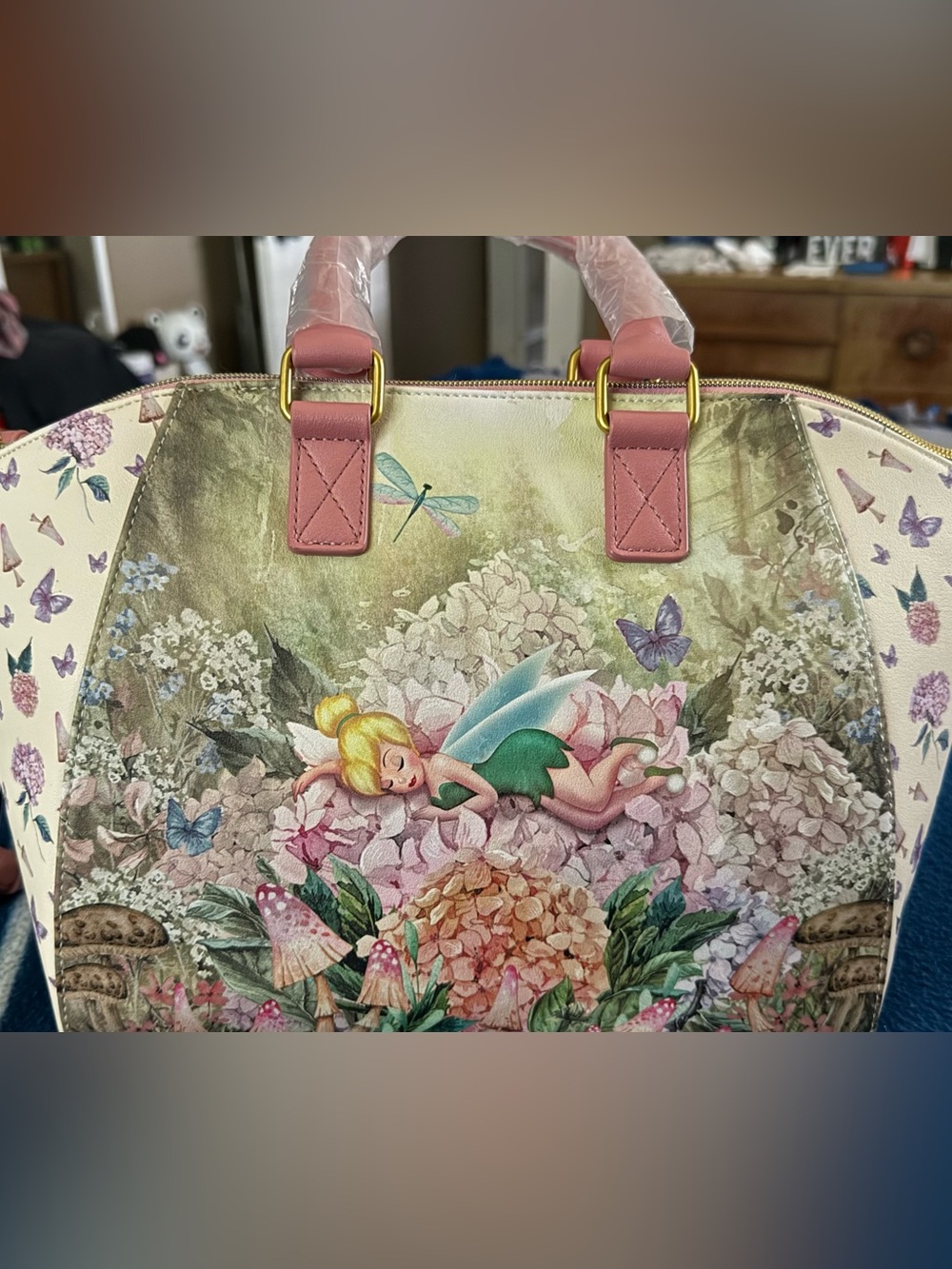 Disney Pink Floral Tinker Bell Satchel with Butterfly Accents - Picture 2 of 6